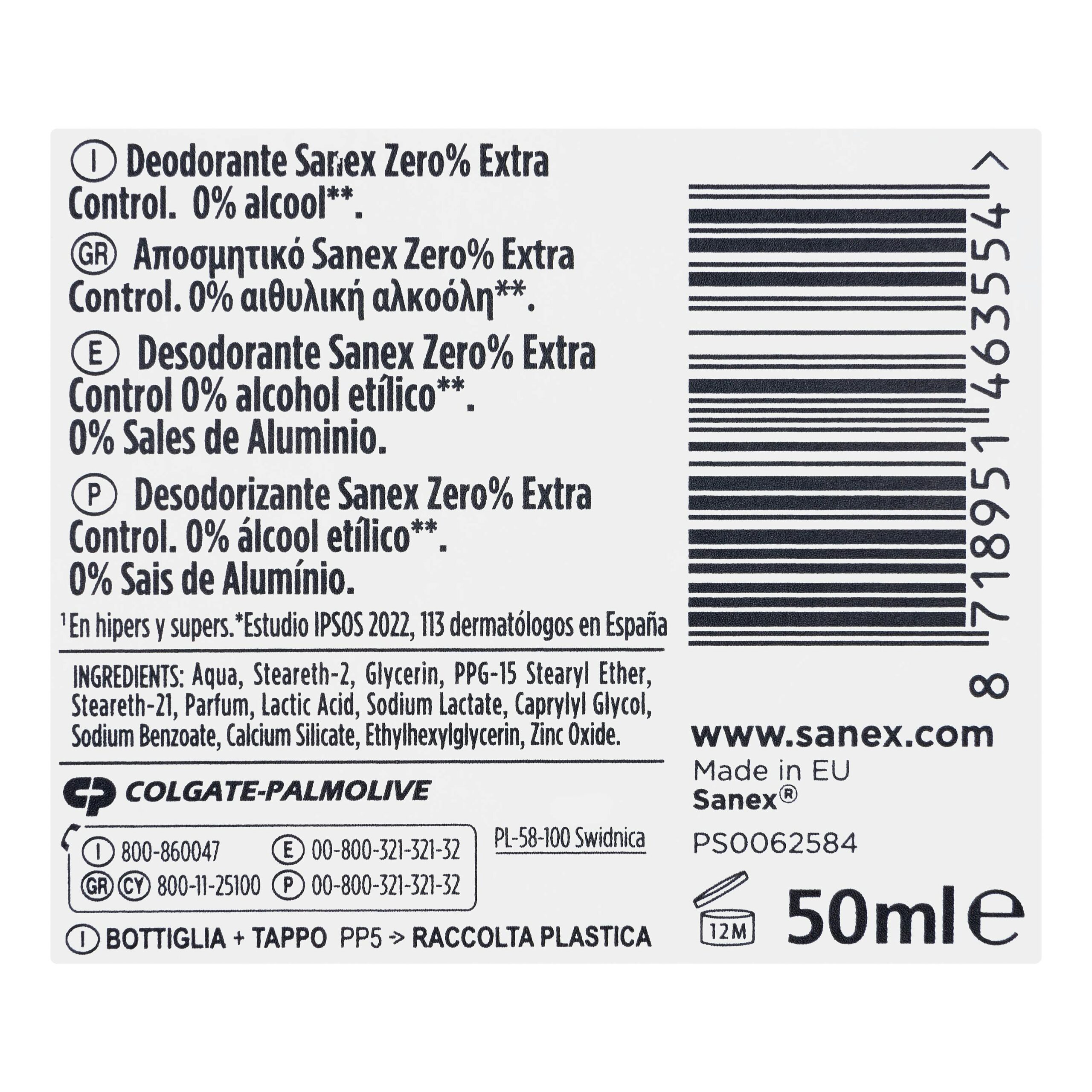 Etiqueta Desodorante roll-on Zero% Sanex 0% aluminio y alcohol